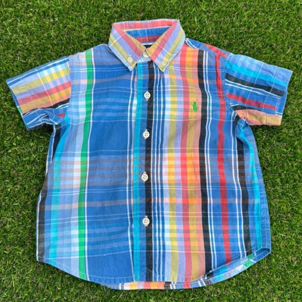 Ralph Lauren Short Sleeve Button Up Multicolor Plaid Shirt Boy's Size 18M.